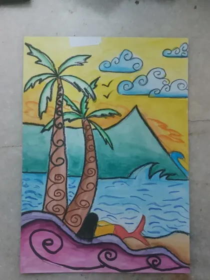 A piece of my own artwork, a serene beachscape. I believe in practicing what I preach, and my personal passion for art fuels the creative energy in our studio.