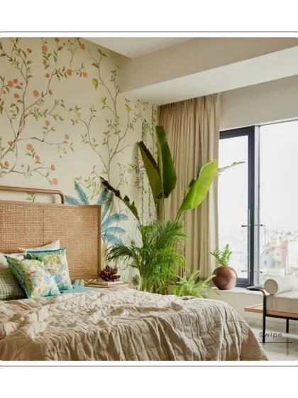 A beautiful bedroom with a tropical-inspired wallpaper, showing how my bespoke products can transform a space with elegance and texture.