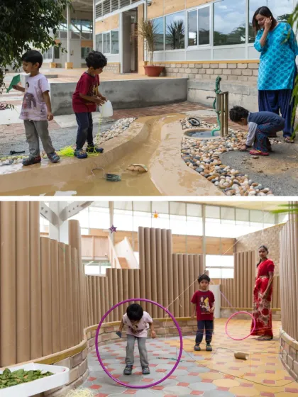 At the Atelier School in Bangalore, learning happens everywhere. This collage shows how we designed spaces that are as much a part of the education as the curriculum, using playful elements like a water channel and partitions made from reusable paper tubes, all inspired by the Reggio Emilia philosophy.