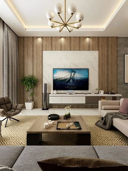 A contemporary living room with a floating TV console set against a marble and wood-paneled wall. The design is clean, elegant, and perfectly balanced.