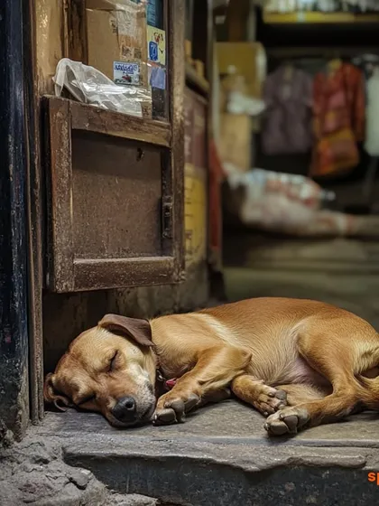 A dog curled up asleep in a doorway, a poignant image of vulnerability and the need for safe spaces.