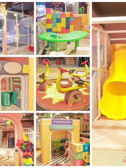 Give your child the ultimate birthday gift with a party at our play area. This collage shows our imagination corners, including a pretend supermarket and a block-building station.