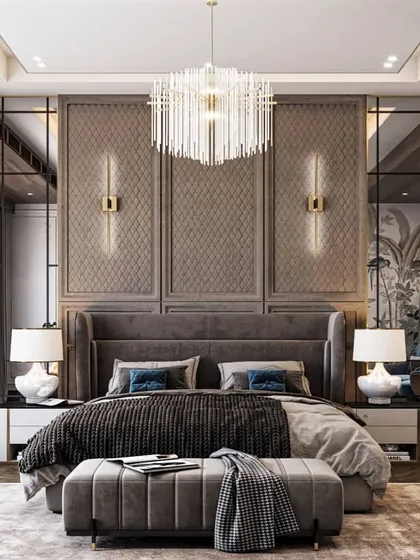 A series of renders for a luxurious bedroom suite, featuring textured wallpaper, mirrored panels, and a statement chandelier. The different views highlight the room's opulence and detailed design.