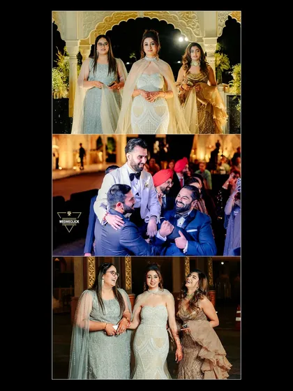 A collage of candid moments from the engagement party, showing the bride with her bridesmaids and the groom celebrating with his friends.