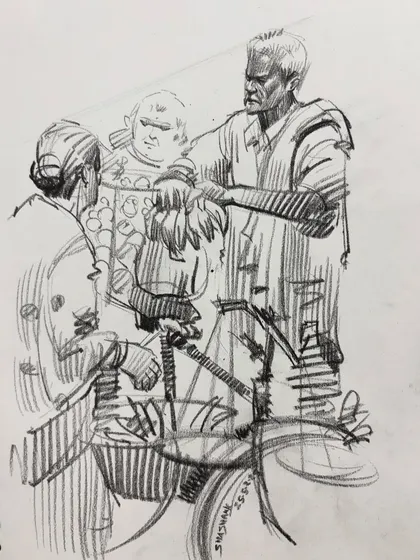 A quick composition sketch of a banana seller and his customers. These rough sketches are the first step in planning a more complex painting or illustration.