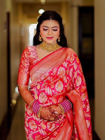 A beautiful portrait of my engagement bride, who chose to wear a stunning silk saree with temple jewelry.