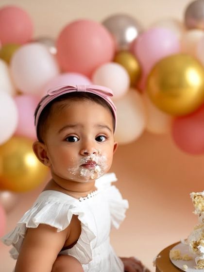 "Wasn't me!" The evidence is all over her face. These messy, frosting-covered smiles are what cake smash photography is all about.