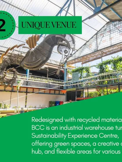 A bright, daytime shot of our main event space, highlighting the iconic scrap-metal seahorse sculpture hanging from the ceiling. This view showcases our unique industrial warehouse-turned-jungle aesthetic.