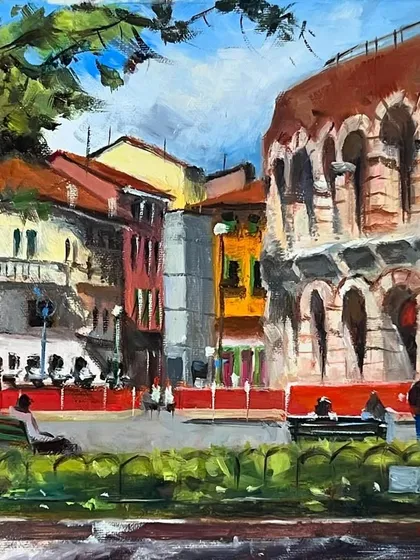 I love to paint my memories, and this piece brings back the feeling of being in Verona, Italy. This was a really enjoyable cityscape to create, focusing on the vibrant colors and architectural details. It is an 8x10 inch oil on linen painting.