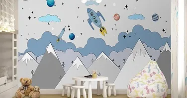 A fun and graphic design of rockets flying over mountains. This playful mural from the Fun Zone collection is great for sparking imagination and adventure in a child's room.