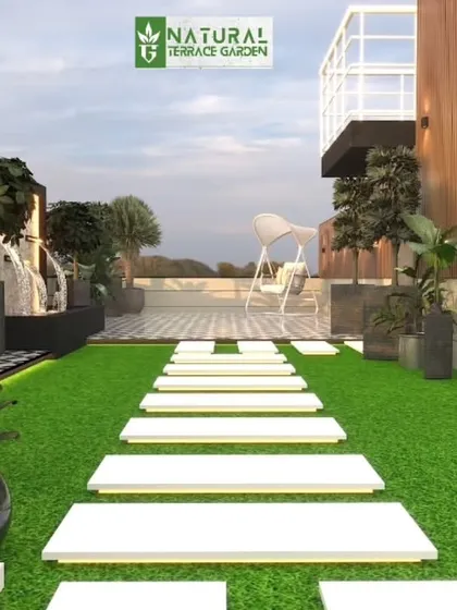 A ground-level view of the proposed terrace, looking down the stepping-stone path towards a water feature and swing.