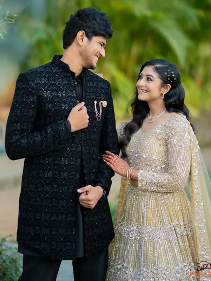 A candid interaction between Apoorv and Shikha. These natural, unposed shots capture the genuine dynamic of the couple.