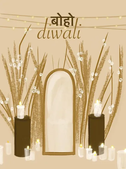 Our design sketch for the "Boho Diwali" photo backdrop. We love bringing our initial concepts to life, and this illustration shows the vision for the arched mirror, dried grasses, and candlelit setup.