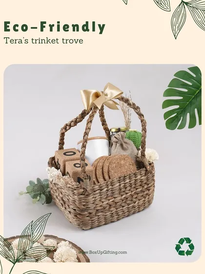 'Tera's Trinket Trove' is another of my eco-friendly options, featuring items like cork coasters and wooden blocks presented in a hand-woven basket.
