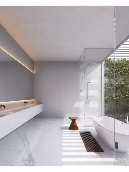 A render of a bathroom in the Koba House. A monolithic marble vanity and floor-to-ceiling glass connect the space to a private green wall, creating a spa-like sanctuary.