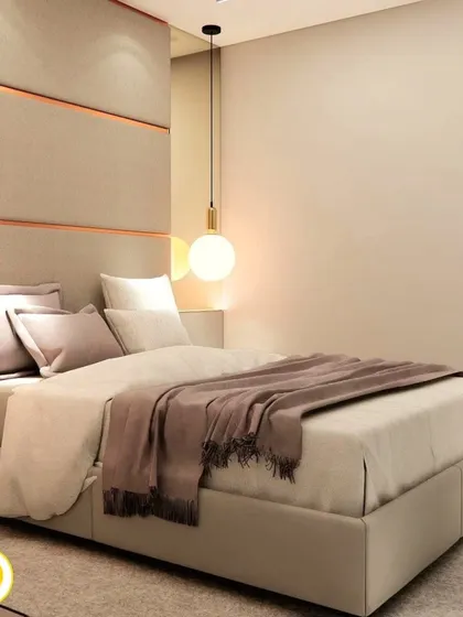 A close-up of the bed and the elegant headboard, highlighting the high-quality materials and craftsmanship.