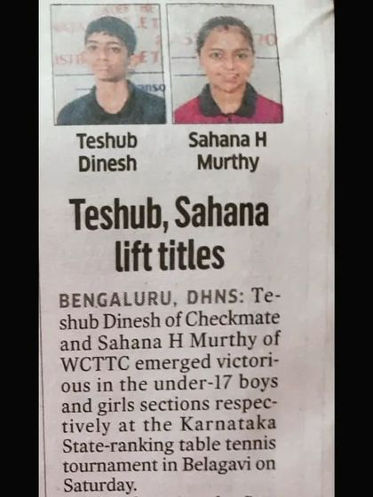 "Teshub, Sahana lift titles." A news clipping highlighting our player Sahana H Murthy's victory in the under-17 girls' section at the Karnataka State-ranking tournament in Belagavi.