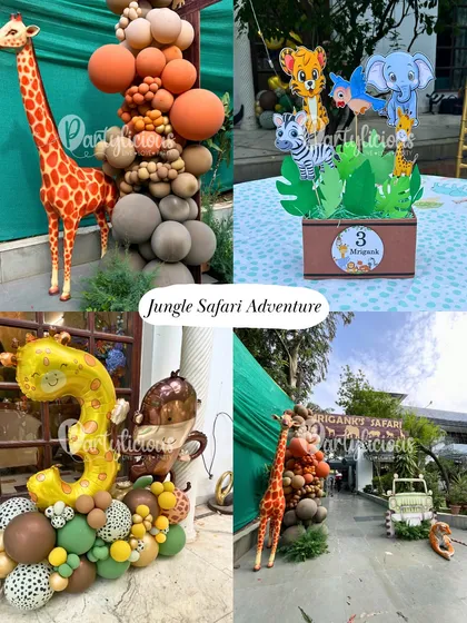 More inspiration for a Jungle Safari Adventure. This collage highlights our life-sized giraffe prop, a themed centerpiece for tables, a custom number three balloon arrangement, and a wide shot of an outdoor safari setup.