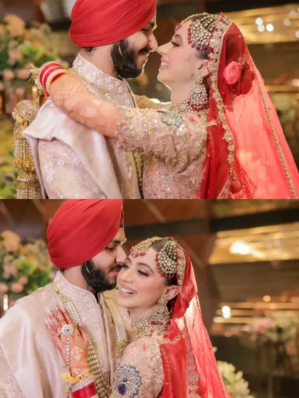 A collage of candid and happy moments, showing the couple's genuine smiles and laughter on their wedding day.