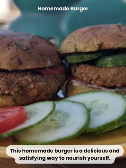 A satisfying homemade burger with a plant-based patty and fresh vegetables. This is how you can enjoy your favorite foods in a way that nourishes your body.