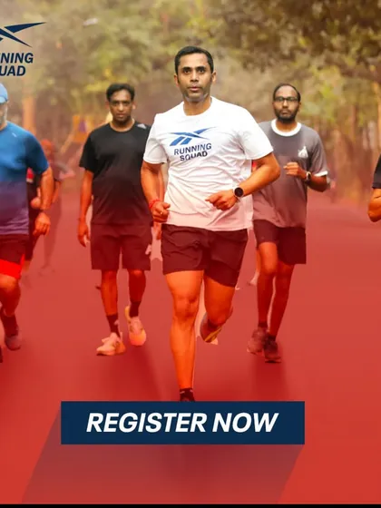A call to action to join our running squad. This image shows me leading the pack, inviting you to register and start your journey with us.