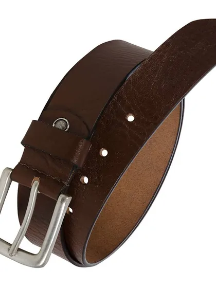 A versatile men's belt in a medium brown, full-grain leather. The simple, polished silver-tone buckle makes it a staple accessory that pairs well with both formal trousers and chinos.