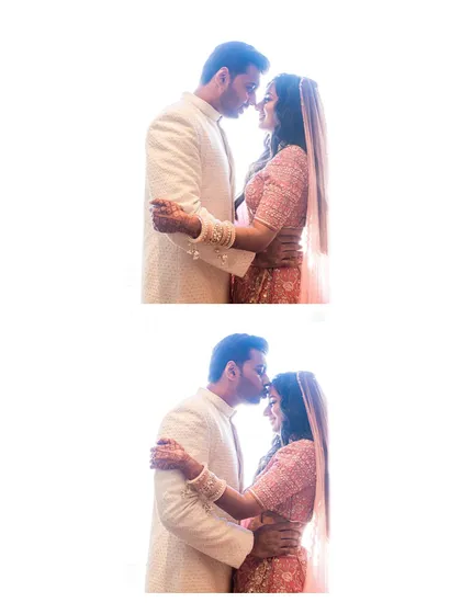 A diptych showing two tender moments from a first-anniversary shoot. The high-key, bright white background isolates the couple, focusing purely on their embrace and gentle kiss.
