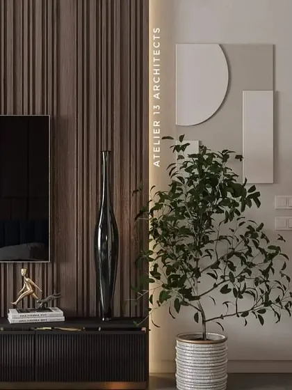 A slightly different angle of the minimalist media console, emphasizing the vertical lines of the wood paneling on the wall and the console itself. The design is clean, modern, and texturally rich.