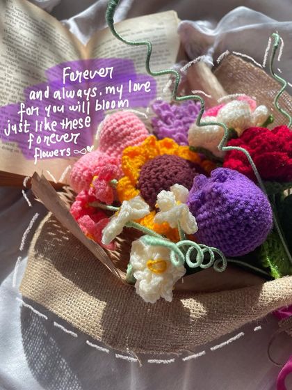 An annotated photo of the "Lover's Bouquet" with the text "Forever and always, my love for you will bloom."