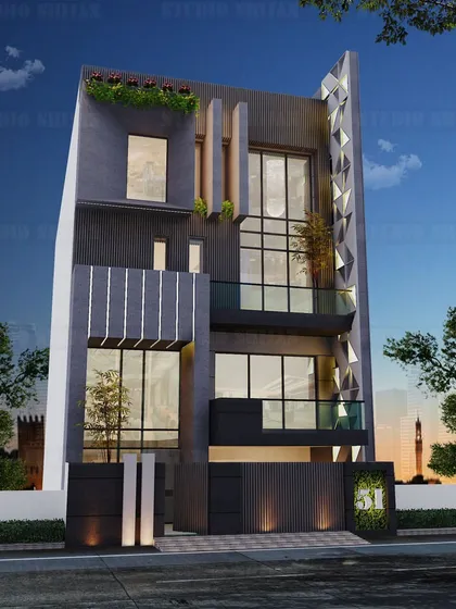 A 3D architectural render for a home in Pitampura, showcasing a complex facade with geometric patterns and varied depths. This visualization was the key to aligning with our client before we proceeded with the construction seen in image 27.