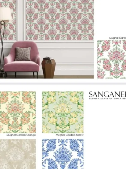 I am proud to offer my exclusive Sanganeri collection, which brings traditional Indian artistry to your walls. This Mughal Garden design, shown here in a ruby colorway, adds a royal and elegant touch to any space, blending heritage with modern interior design.
