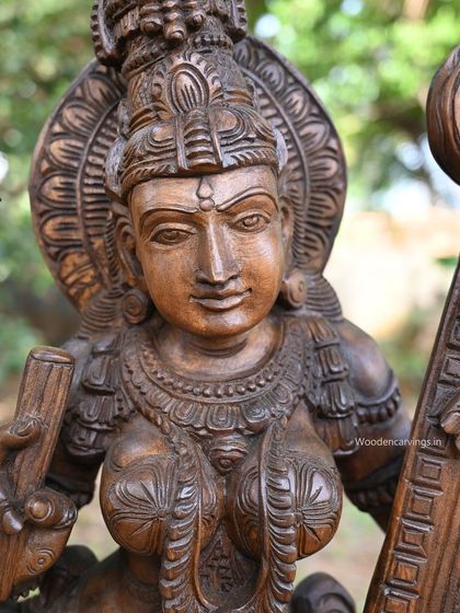 A close-up of the face of the 36-inch Abhinaya Saraswathi, showing the fine details of her expression.