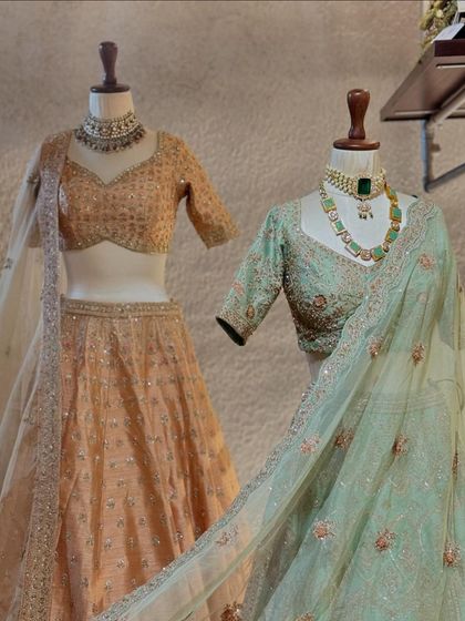 A side-by-side view of the peach and pastel green lehengas, showcasing two beautiful options for wedding guest attire.