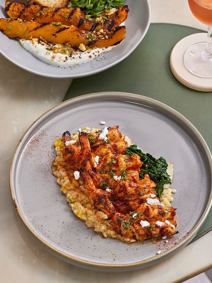 The Smoked Chili Grilled Prawns served alongside our Spiced Grilled Butternut Squash, showcasing a beautiful and balanced meal for two.