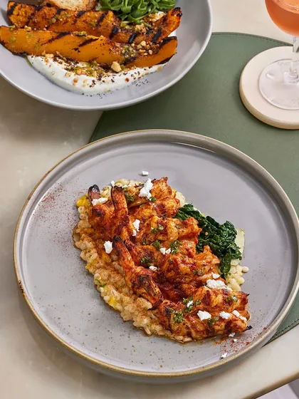 The Smoked Chili Grilled Prawns served alongside our Spiced Grilled Butternut Squash, showcasing a beautiful and balanced meal for two.