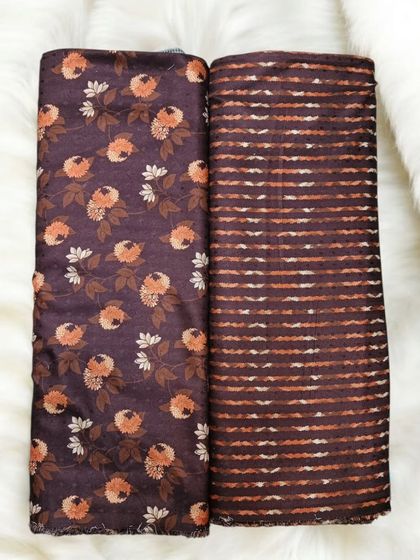 This combination of floral and striped pashmina fabrics can be used to create a unique and coordinated winter suit.