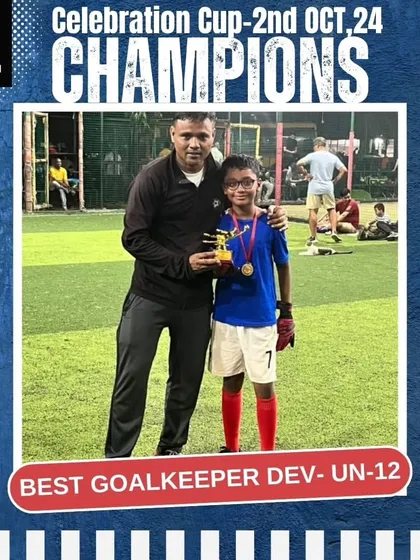 Dev, our Under-12 goalkeeper, receiving the Best Goalkeeper award for his fearless performance between the posts.