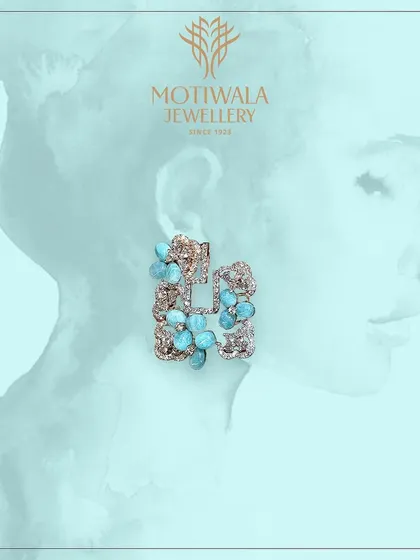 A creative shot of our turquoise and diamond floral earrings, presented with an artistic, watercolour-like effect.