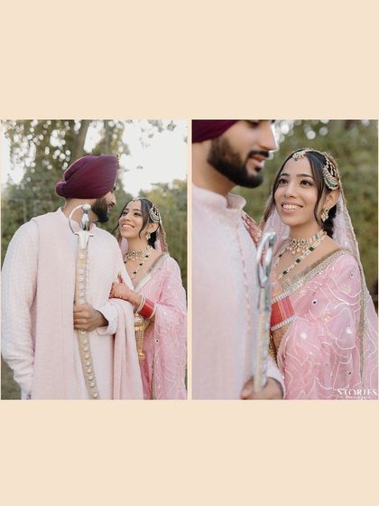 A two-panel image showing the couple's loving gaze and gentle interaction during their outdoor portrait session.