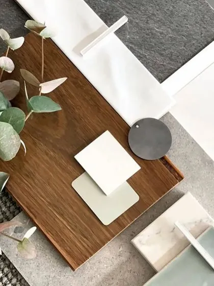We embrace nature with our material boards. This one features rich wooden accents, stone tiles, and fresh greenery, bringing warmth and tranquility to the design concept.