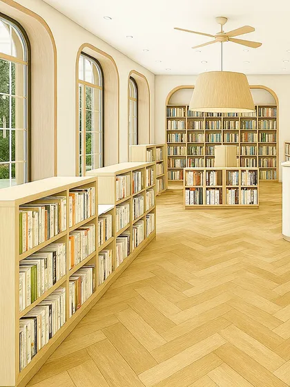 A look inside a modern college library we designed for Queen’s College, Indore. The space combines warm Scandinavian minimalism with classical architectural arches, creating a serene and inviting atmosphere for focused study and reading.