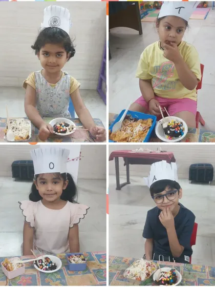 Meet some of my proud little chefs. They each made their own corn chaat and a dessert, learning to follow steps and handle ingredients with care.