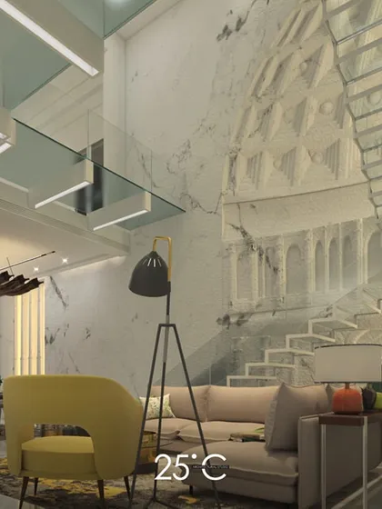 A 3D render exploring an alternative design for a grand living space. This version highlights a monumental, classically inspired bas-relief wall sculpture that contrasts with modern furniture, showcasing our ability to blend different stylistic eras.