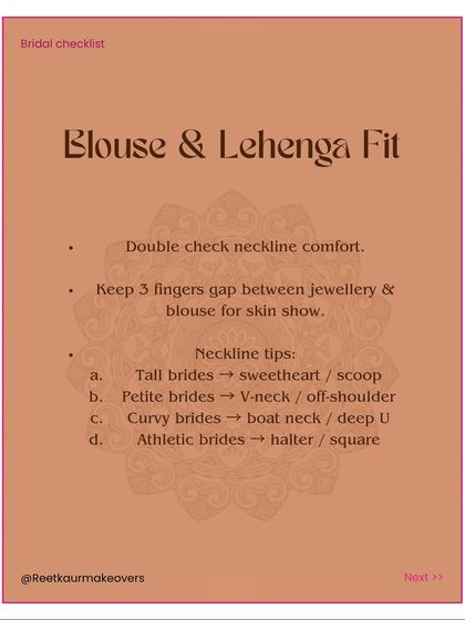 A checklist tip on blouse and lehenga fit. Double-check neckline comfort and follow my tips for the most flattering necklines for your body type.