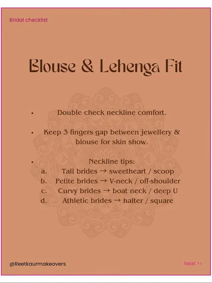 A checklist tip on blouse and lehenga fit. Double-check neckline comfort and follow my tips for the most flattering necklines for your body type.