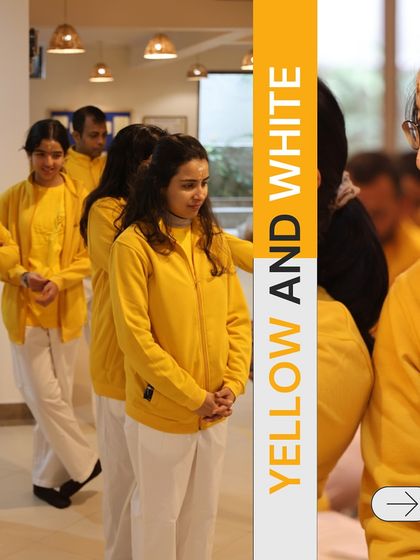 Lined up and ready for class. The yellow and white uniform creates a visual harmony and a mindset conducive to spiritual study.