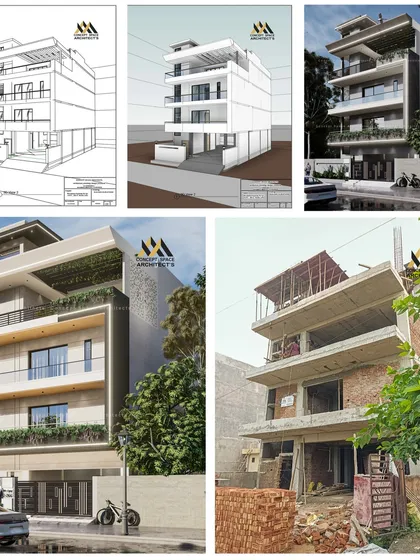 See our entire process in one frame. We progress from architectural line drawings and 3D models to photorealistic renders and finally, the on-site construction, ensuring the final building is a perfect match to the approved design.