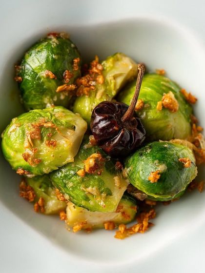 A side of Brussels sprouts, simply prepared to accompany the main courses of our festive Christmas feast.