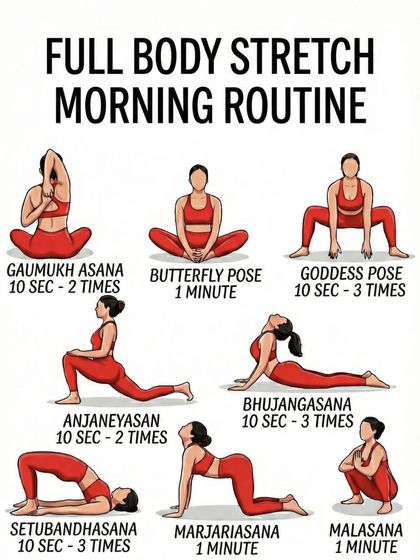A full-body stretch morning routine. This is perfect for releasing stiffness and includes poses like Gomukhasana (Cow Face Pose) and Marjariasana (Cat-Cow).