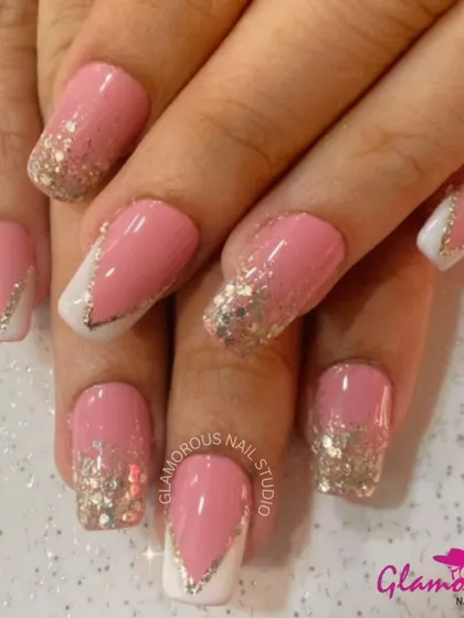 Pretty in pink and sparkle. This design combines a lovely shade of pink with a chunky silver glitter, used both as a French tip and in a V-shape design for a fun and glamorous look.